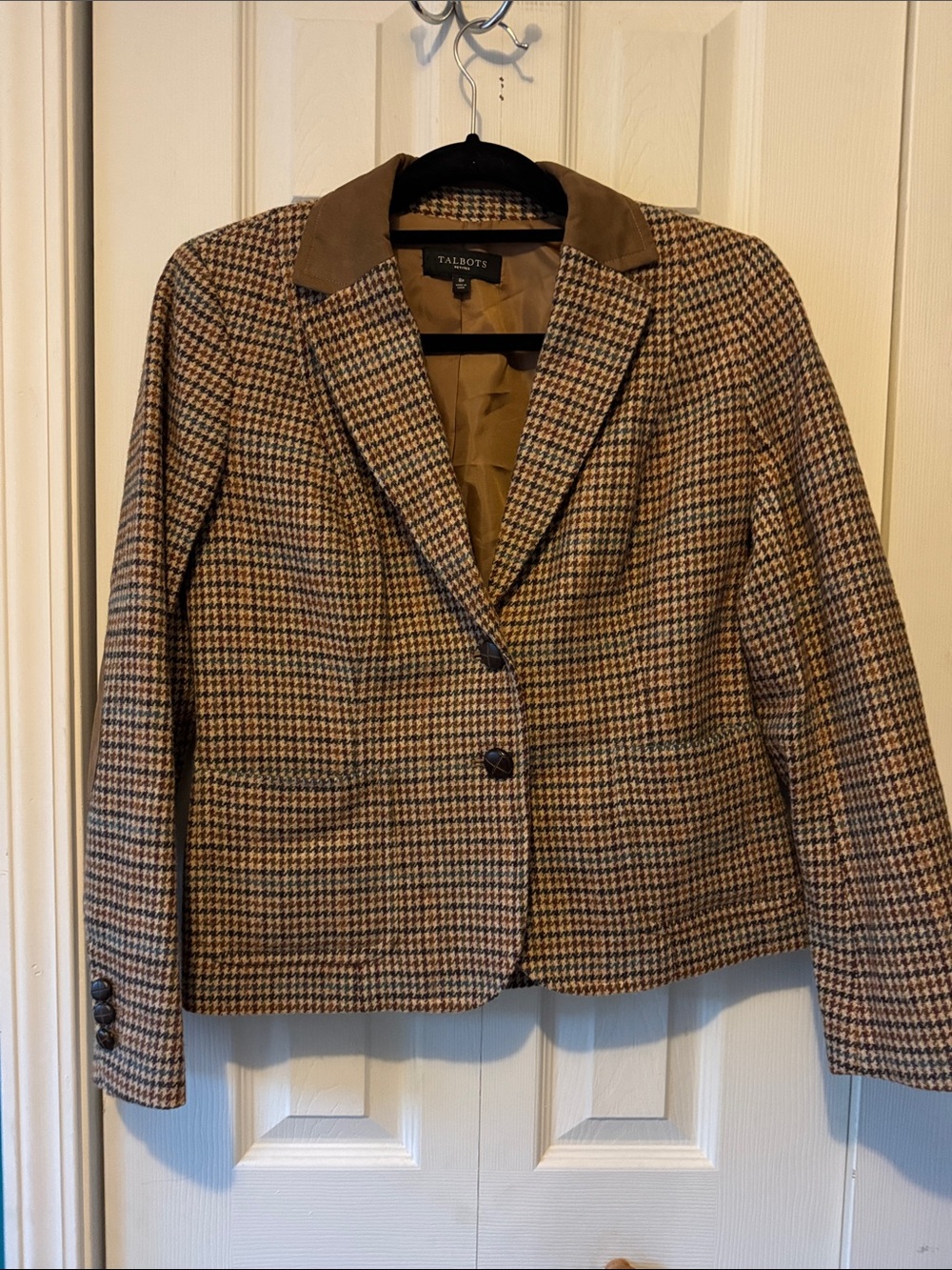 Vintage Talbots Brown Houndstooth Blazer with Suede Trim